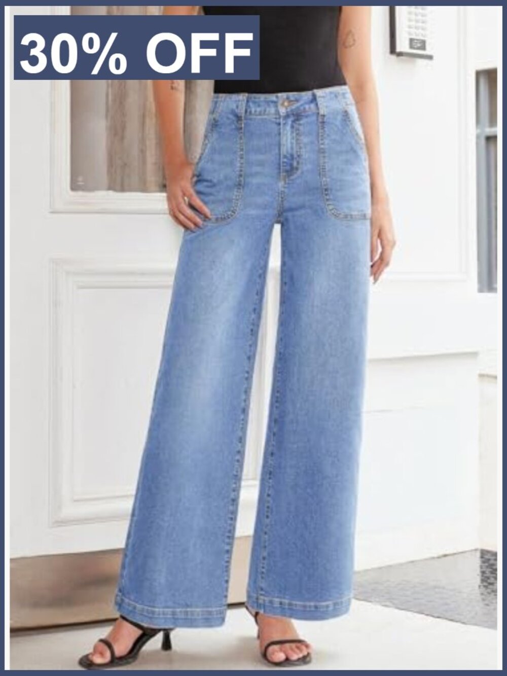 High Waisted Wide Leg Jeans Stretchy Baggy Straight Denim Pants Pockets - Picture 4 of 7